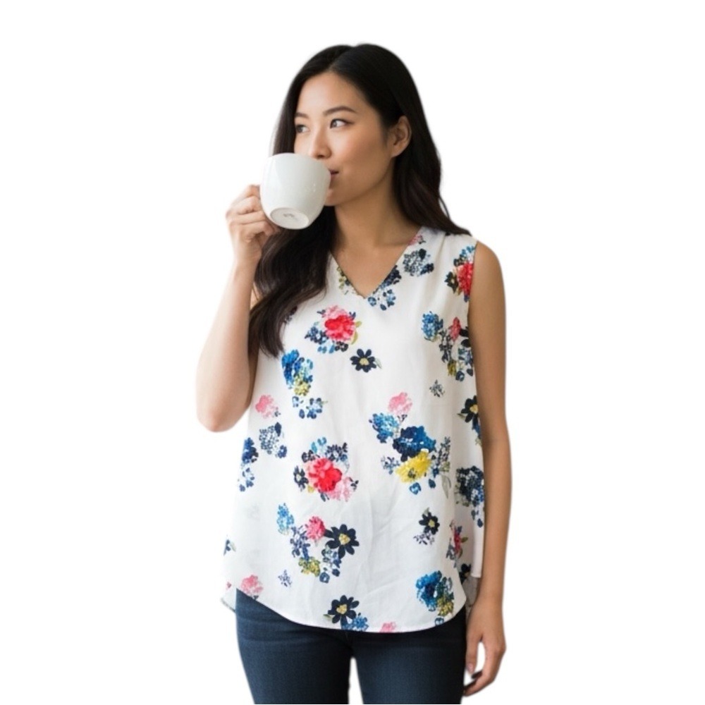 Premise Floral Sleeveless Top - White with Multicolor Print, Sizeā Large